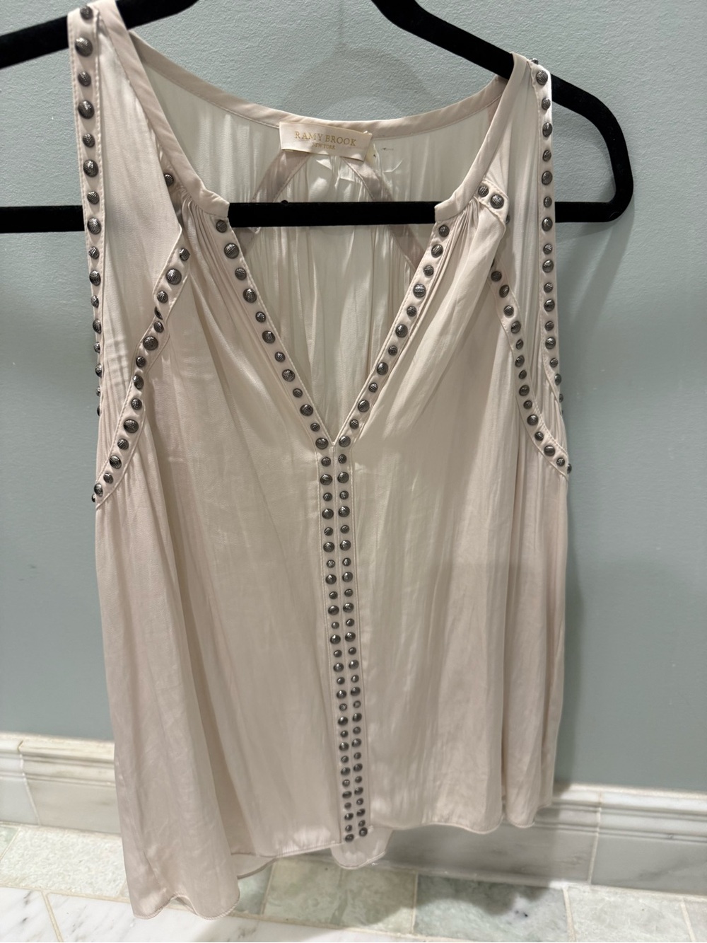 Ramy Brook Cream Sleeveless V-Neck Top with Silver Studs